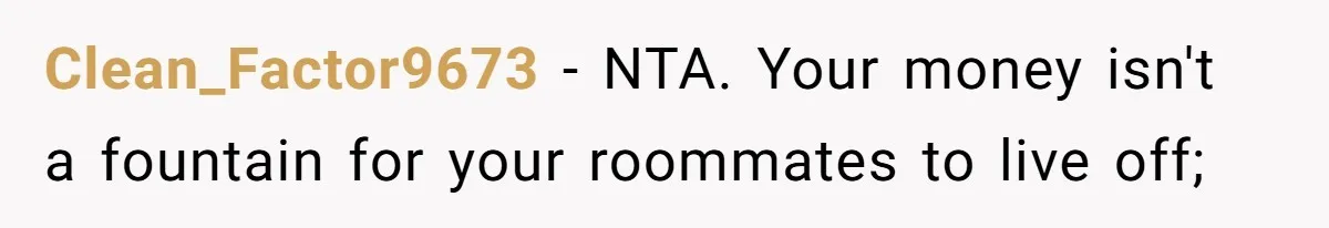 Clean_Factor9673 − NTA. Your money isn't a fountain for your roommates to live off;
