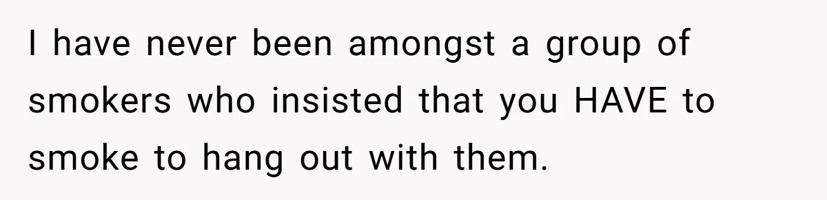 I have never been amongst a group of smokers who insisted that you HAVE to smoke to hang out with them.