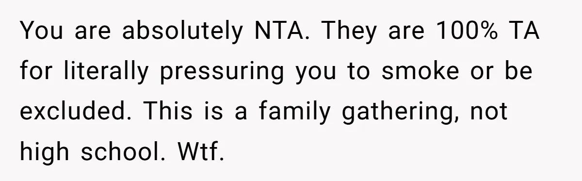 You are absolutely NTA. They are 100% TA for literally pressuring you to smoke or be excluded. This is a family gathering, not high school. Wtf.