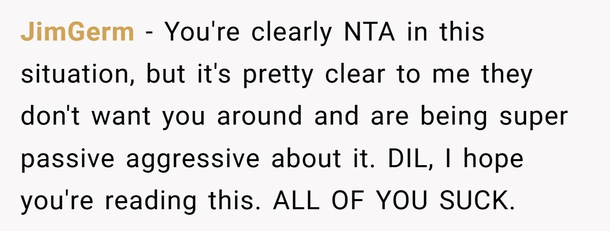 JimGerm − You're clearly NTA in this situation, but it's pretty clear to me they don't want you around and are being super passive aggressive about it. DIL, I hope...