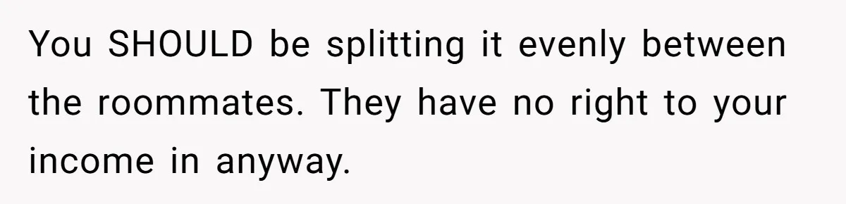 You SHOULD be splitting it evenly between the roommates. They have no right to your income in anyway.