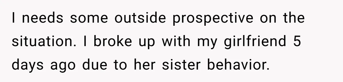 I needs some outside prospective on the situation. I broke up with my girlfriend 5 days ago due to her sister behavior.