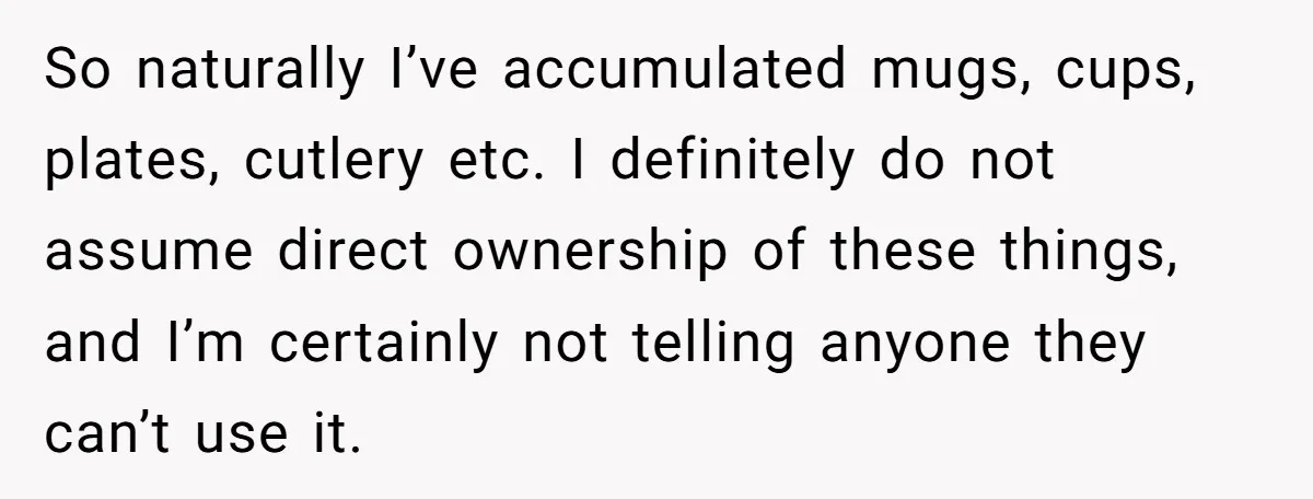 So naturally I’ve accumulated mugs, cups, plates, cutlery etc. I definitely do not assume direct ownership of these things, and I’m certainly not telling anyone they can’t use it.
