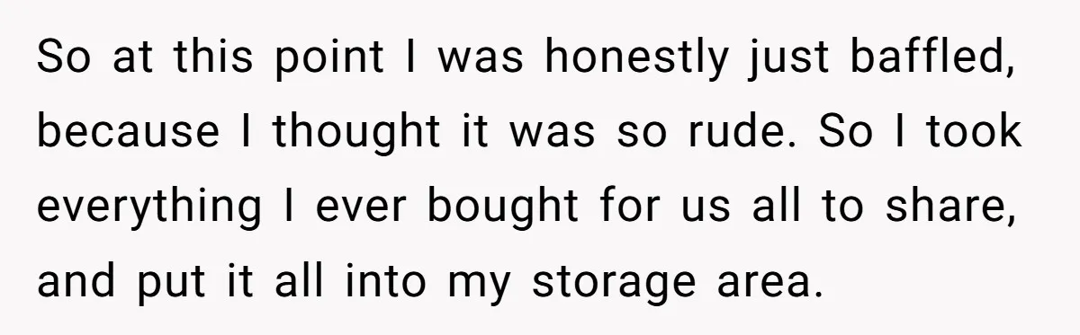So at this point I was honestly just baffled, because I thought it was so rude. So I took everything I ever bought for us all to share, and put...