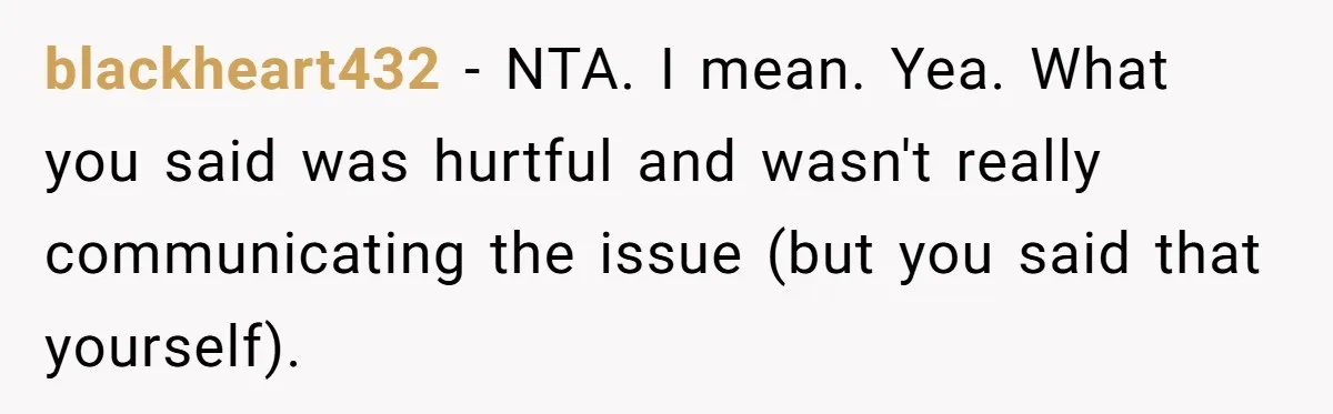 blackheart432 − NTA. I mean. Yea. What you said was hurtful and wasn't really communicating the issue (but you said that yourself).