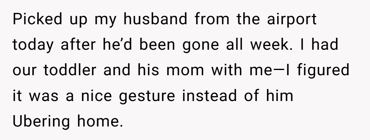 Picked up my husband from the airport today after he’d been gone all week. I had our toddler and his mom with me—I figured it was a nice gesture instead...