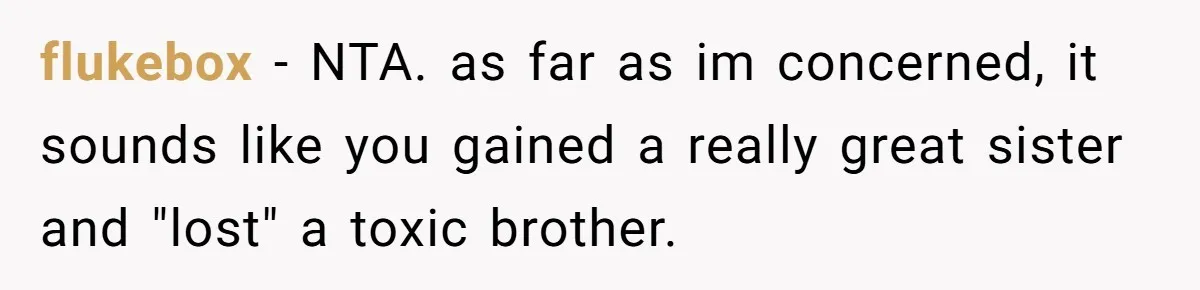 flukebox − NTA. as far as im concerned, it sounds like you gained a really great sister and "lost" a toxic brother.