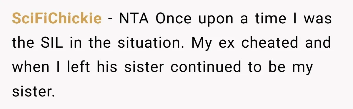 SciFiChickie − NTA Once upon a time I was the SIL in the situation. My ex cheated and when I left his sister continued to be my sister.