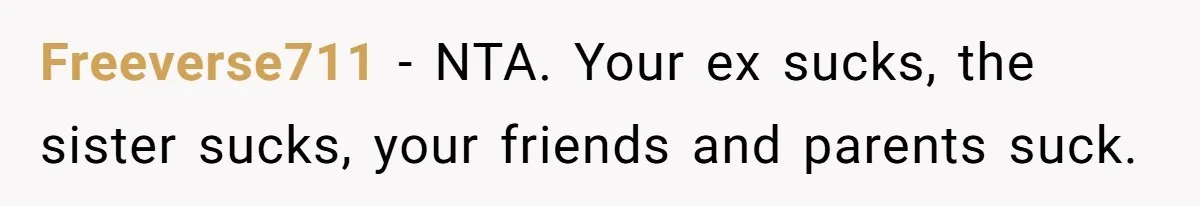 Freeverse711 − NTA. Your ex sucks, the sister sucks, your friends and parents suck.
