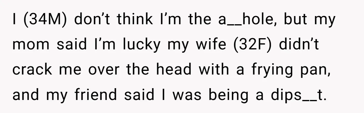 I (34M) don’t think I’m the a__hole, but my mom said I’m lucky my wife (32F) didn’t crack me over the head with a frying pan, and my friend said...