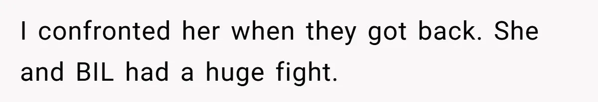 I confronted her when they got back. She and BIL had a huge fight.
