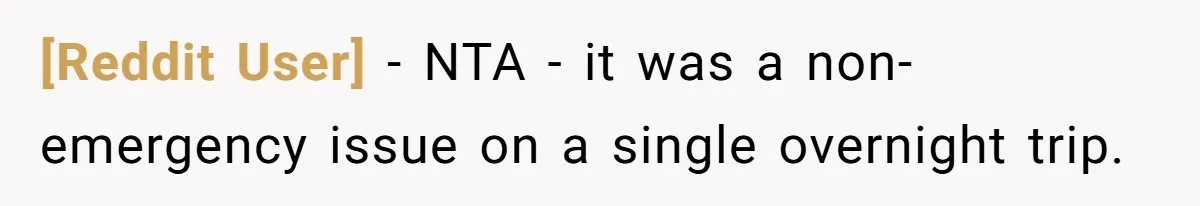 [Reddit User] − NTA - it was a non-emergency issue on a single overnight trip.