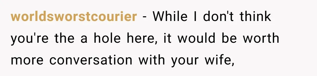 worldsworstcourier − While I don't think you're the a hole here, it would be worth more conversation with your wife,