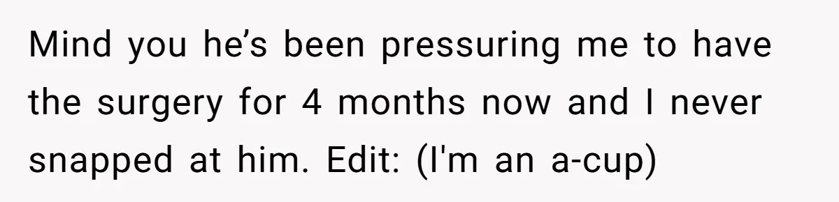 Mind you he’s been pressuring me to have the surgery for 4 months now and I never snapped at him. Edit: (I'm an a-cup)