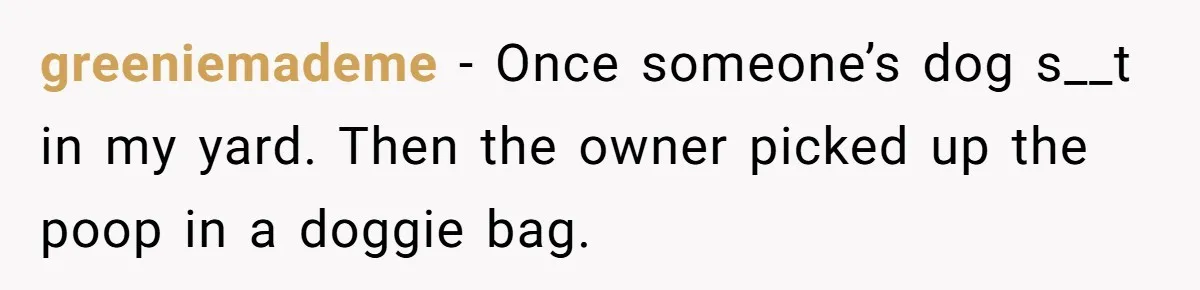 greeniemademe − Once someone’s dog s__t in my yard. Then the owner picked up the poop in a doggie bag.