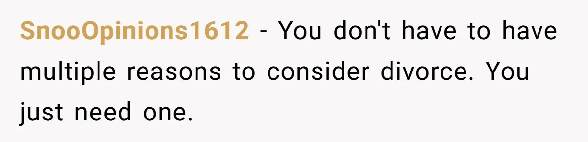 SnooOpinions1612 − You don't have to have multiple reasons to consider divorce. You just need one.