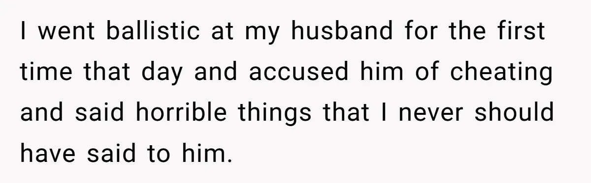I went ballistic at my husband for the first time that day and accused him of cheating and said horrible things that I never should have said to him.