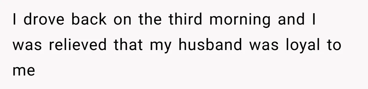 I drove back on the third morning and I was relieved that my husband was loyal to me