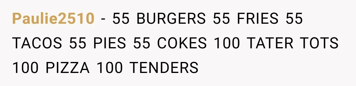 Paulie2510 − 55 BURGERS 55 FRIES 55 TACOS 55 PIES 55 COKES 100 TATER TOTS 100 PIZZA 100 TENDERS