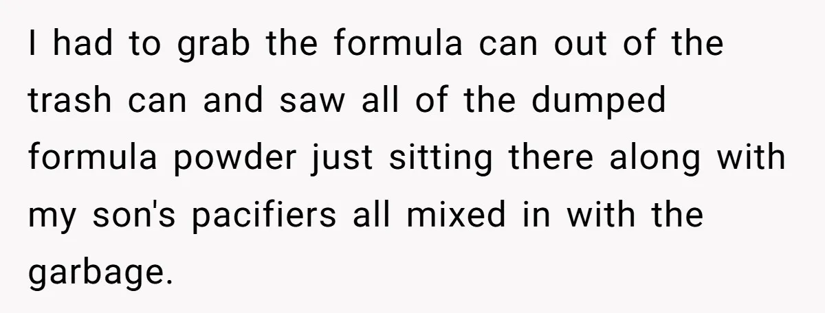 I had to grab the formula can out of the trash can and saw all of the dumped formula powder just sitting there along with my son's pacifiers all mixed...