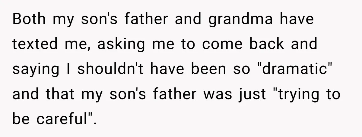 Both my son's father and grandma have texted me, asking me to come back and saying I shouldn't have been so "dramatic" and that my son's father was just "trying...