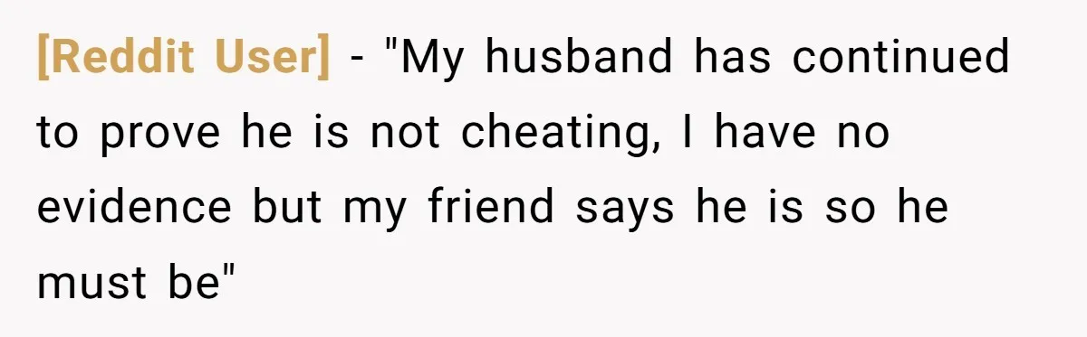 [Reddit User] − "My husband has continued to prove he is not cheating, I have no evidence but my friend says he is so he must be"