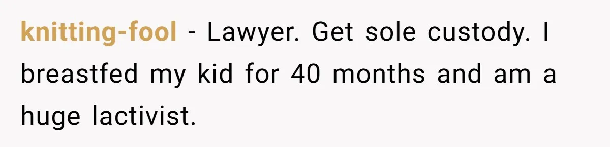knitting-fool − Lawyer. Get sole custody. I breastfed my kid for 40 months and am a huge lactivist.