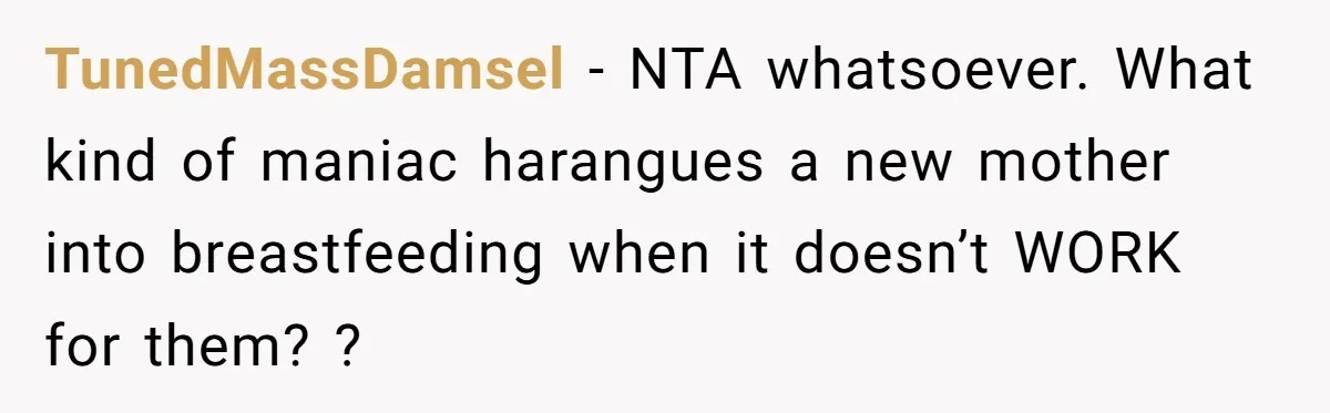 TunedMassDamsel − NTA whatsoever. What kind of maniac harangues a new mother into breastfeeding when it doesn’t WORK for them? ?
