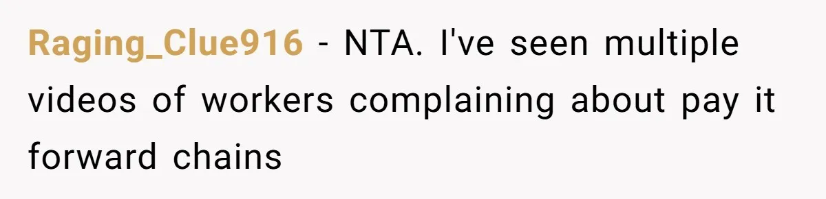 Raging_Clue916 − NTA. I've seen multiple videos of workers complaining about pay it forward chains