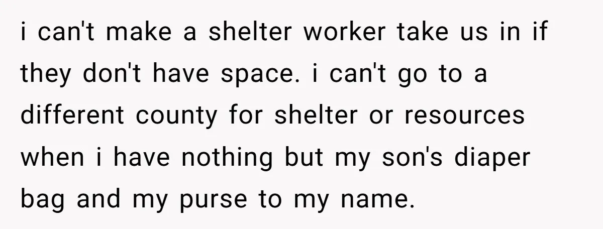 i can't make a shelter worker take us in if they don't have space. i can't go to a different county for shelter or resources when i have nothing but...