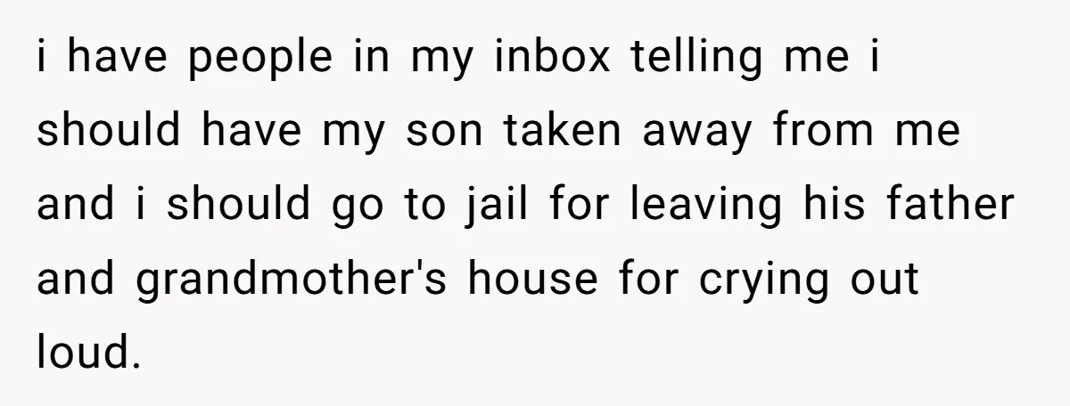 i have people in my inbox telling me i should have my son taken away from me and i should go to jail for leaving his father and grandmother's house...