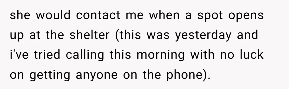 she would contact me when a spot opens up at the shelter (this was yesterday and i've tried calling this morning with no luck on getting anyone on the phone).