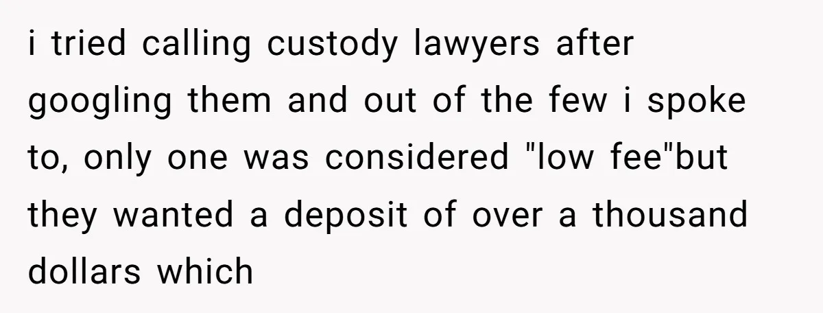 i tried calling custody lawyers after googling them and out of the few i spoke to, only one was considered "low fee"but they wanted a deposit of over a thousand...
