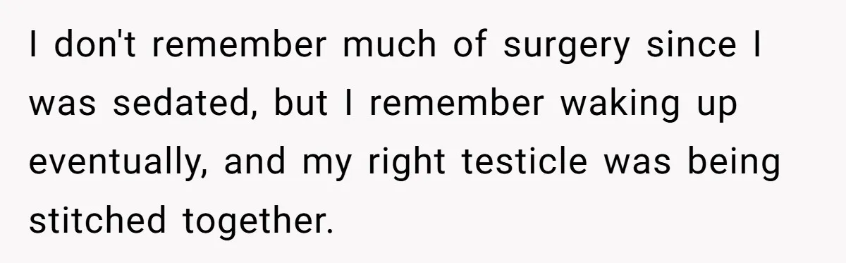 I don't remember much of surgery since I was sedated, but I remember waking up eventually, and my right testicle was being stitched together.