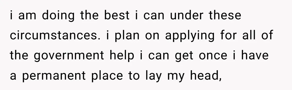 i am doing the best i can under these circumstances. i plan on applying for all of the government help i can get once i have a permanent place to...