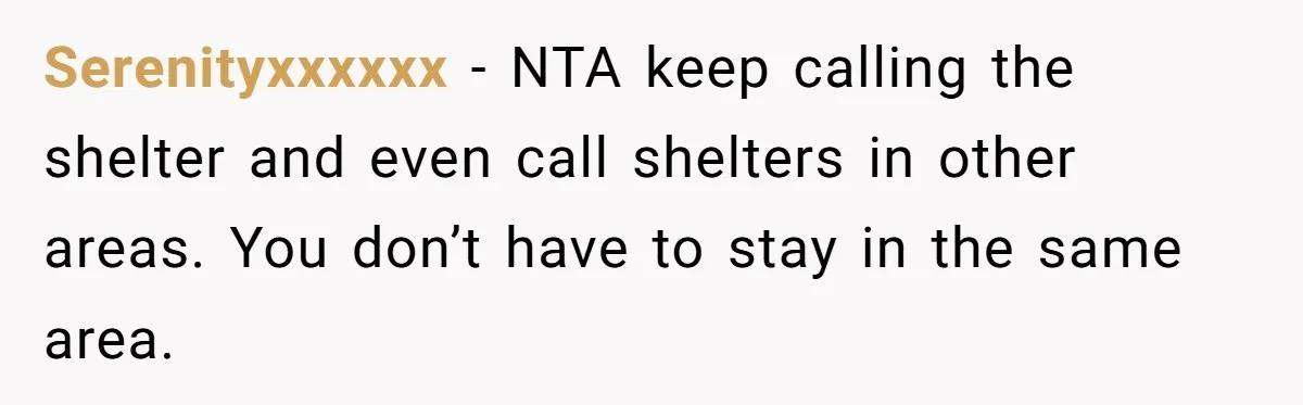 Serenityxxxxxx − NTA keep calling the shelter and even call shelters in other areas. You don’t have to stay in the same area.