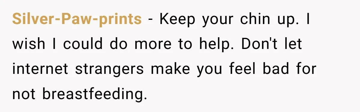 Silver-Paw-prints − Keep your chin up. I wish I could do more to help. Don't let internet strangers make you feel bad for not breastfeeding.