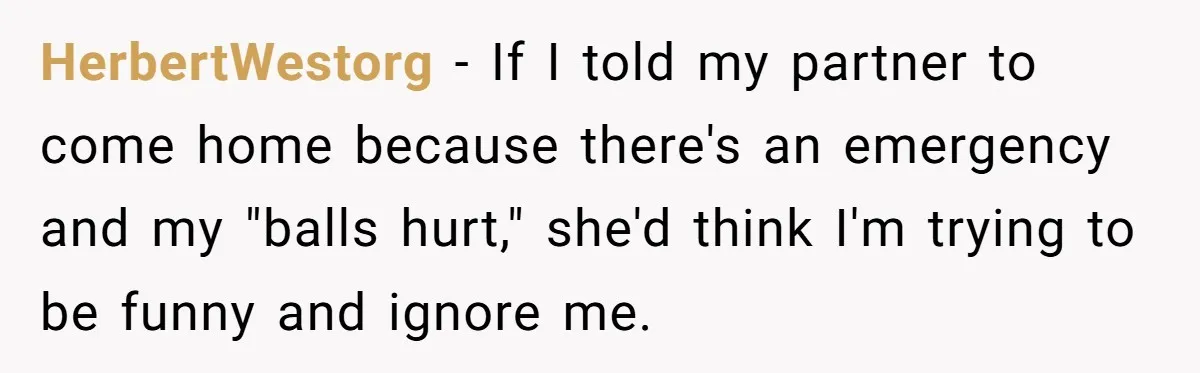 HerbertWestorg − If I told my partner to come home because there's an emergency and my "balls hurt," she'd think I'm trying to be funny and ignore me.