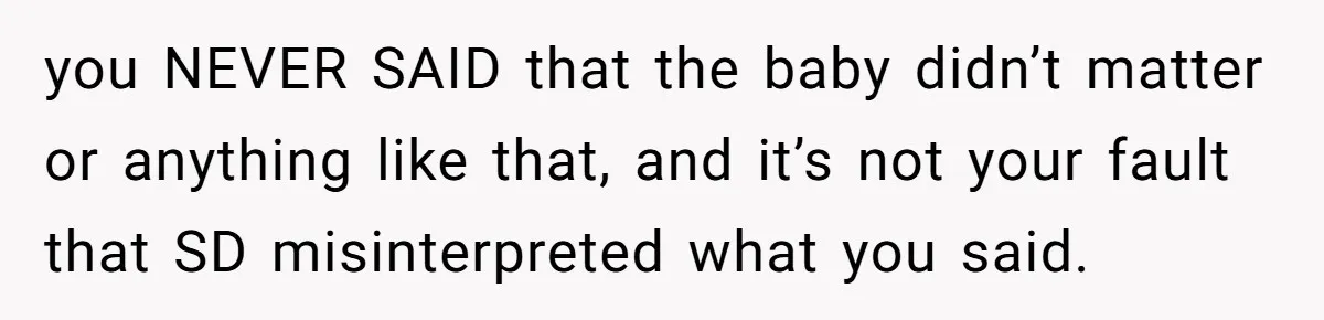 you NEVER SAID that the baby didn’t matter or anything like that, and it’s not your fault that SD misinterpreted what you said.