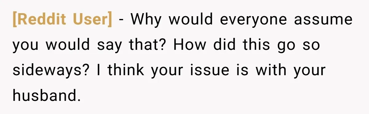[Reddit User] − Why would everyone assume you would say that? How did this go so sideways? I think your issue is with your husband.