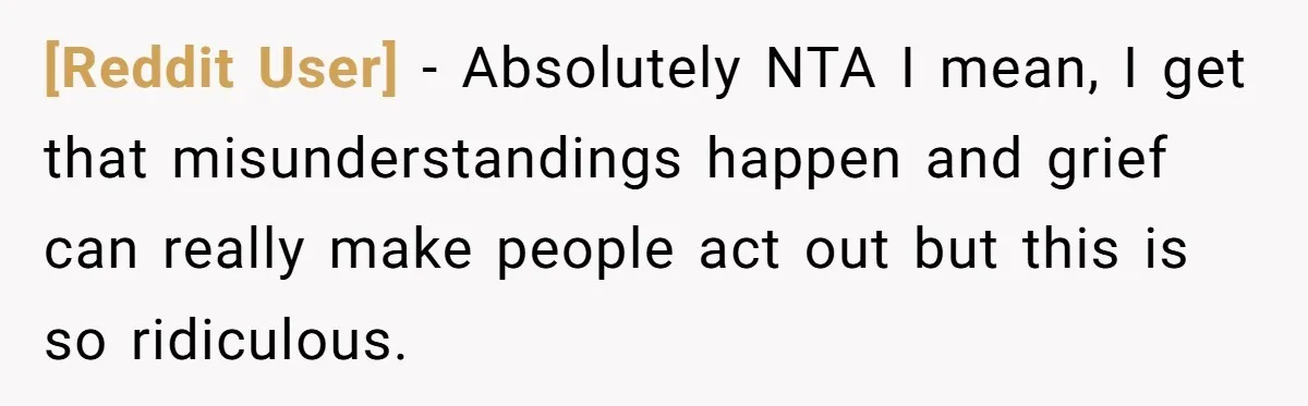 [Reddit User] − Absolutely NTA I mean, I get that misunderstandings happen and grief can really make people act out but this is so ridiculous.