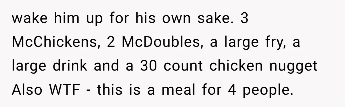 wake him up for his own sake. 3 McChickens, 2 McDoubles, a large fry, a large drink and a 30 count chicken nugget Also WTF - this is a meal...