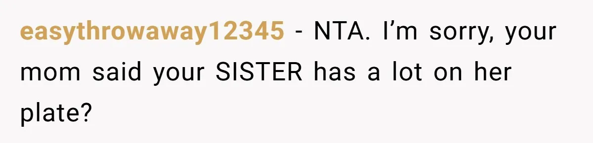 easythrowaway12345 − NTA. I’m sorry, your mom said your SISTER has a lot on her plate?