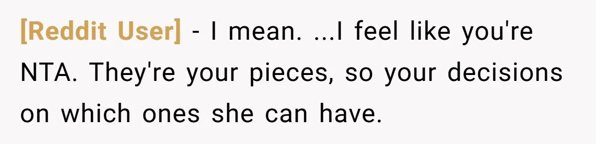 [Reddit User] − I mean. ...I feel like you're NTA. They're your pieces, so your decisions on which ones she can have.