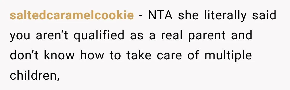 saltedcaramelcookie − NTA she literally said you aren’t qualified as a real parent and don’t know how to take care of multiple children,