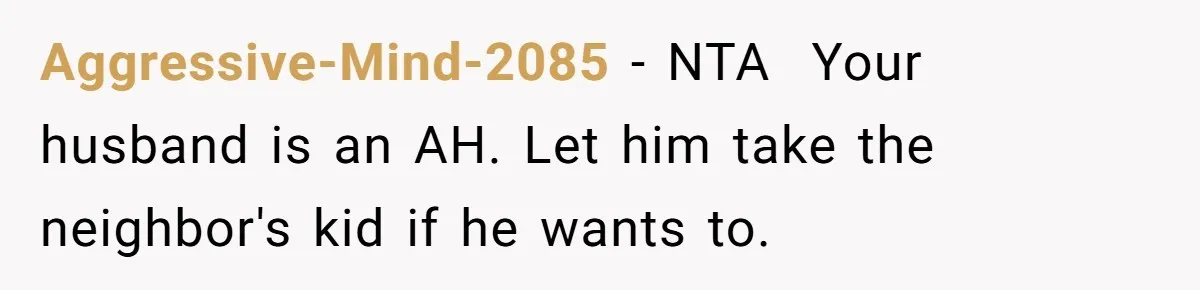 Aggressive-Mind-2085 − NTA ​ Your husband is an AH. Let him take the neighbor's kid if he wants to. ​