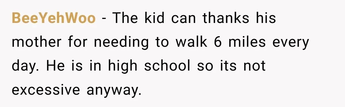 BeeYehWoo − The kid can thanks his mother for needing to walk 6 miles every day. He is in high school so its not excessive anyway.