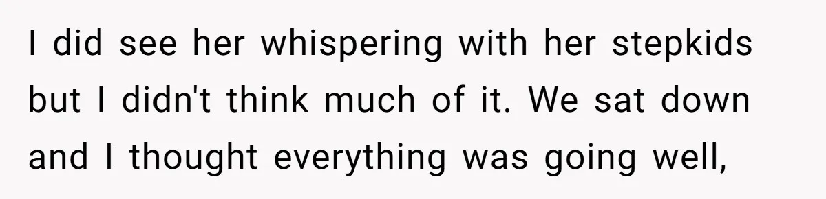I did see her whispering with her stepkids but I didn't think much of it. We sat down and I thought everything was going well,