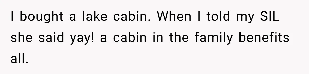 I bought a lake cabin. When I told my SIL she said yay! a cabin in the family benefits all.