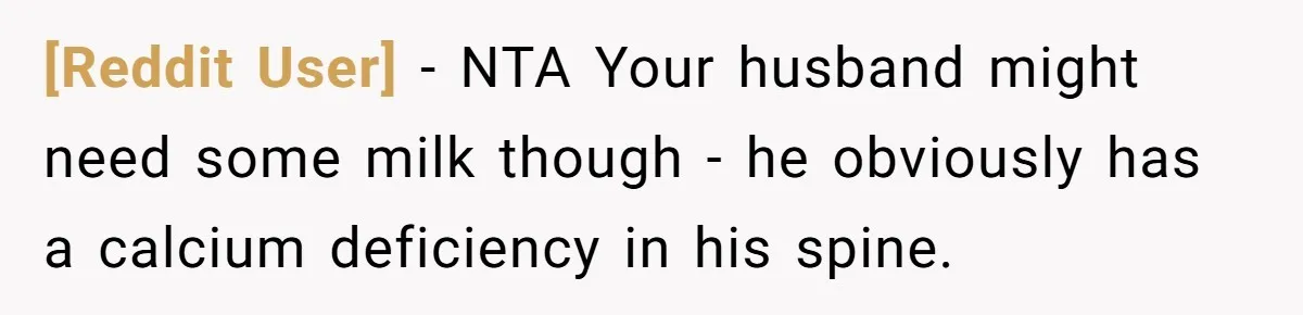 [Reddit User] − NTA Your husband might need some milk though - he obviously has a calcium deficiency in his spine.